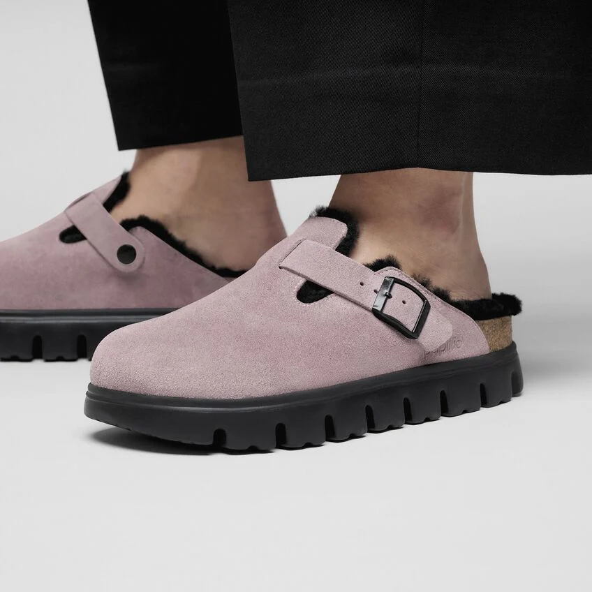 Birkenstock Boston PAP Chunky Shearling Suede Leather Clogs _ faded purple - xiceditorial - xic editorial