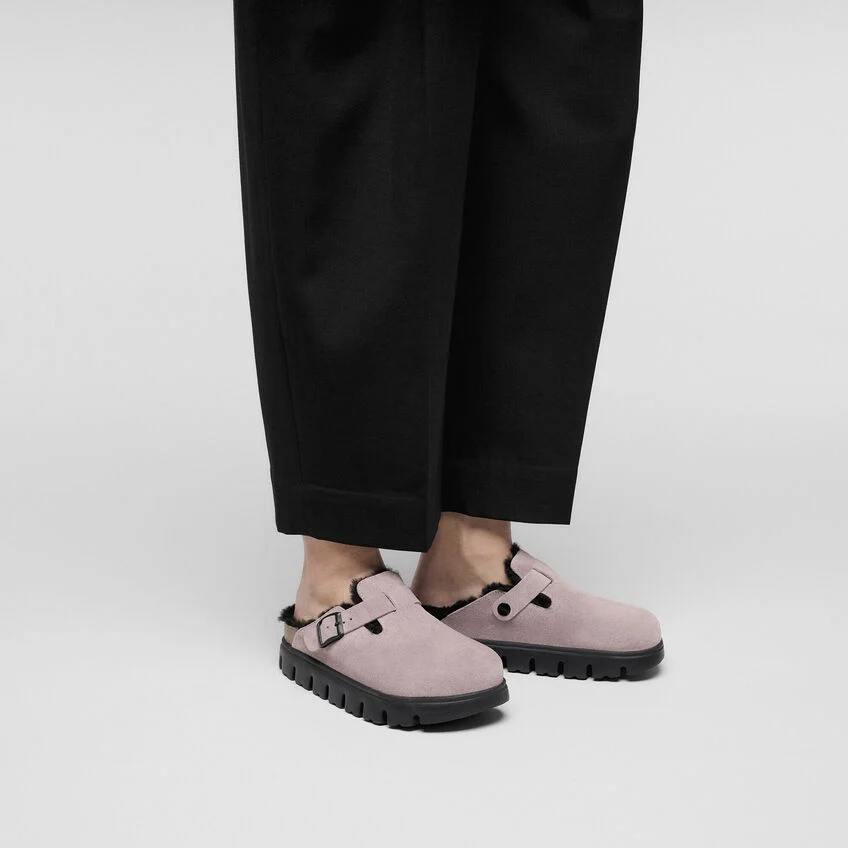 Birkenstock Boston PAP Chunky Shearling Suede Leather Clogs _ faded purple - xiceditorial - xic editorial