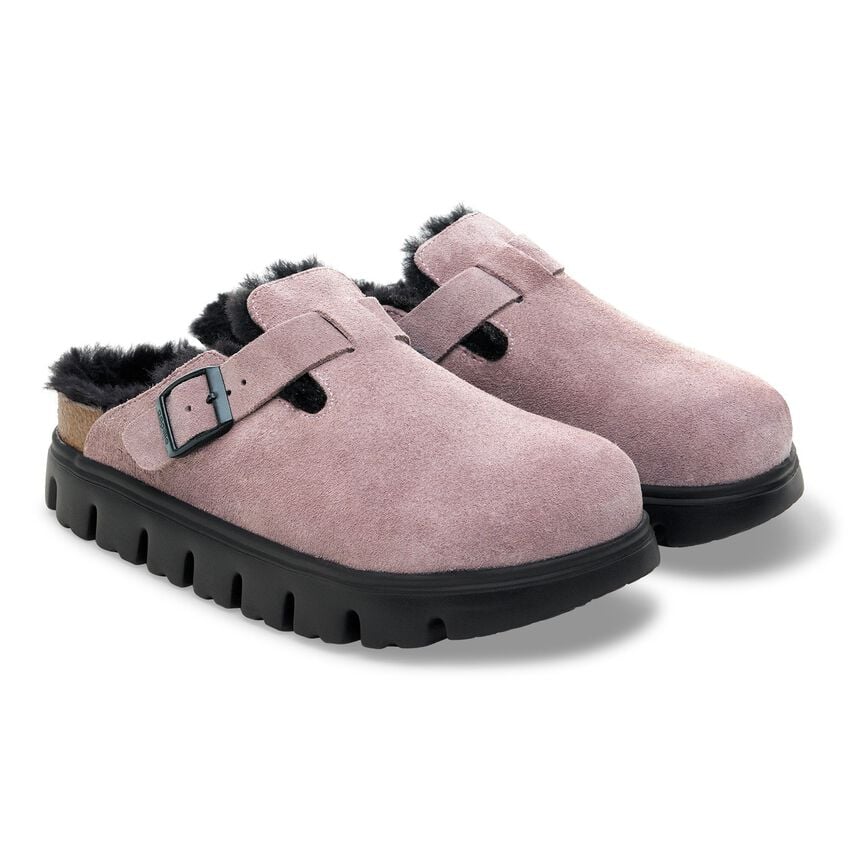 Birkenstock Boston PAP Chunky Shearling Suede Leather Clogs _ faded purple - xiceditorial - xic editorial