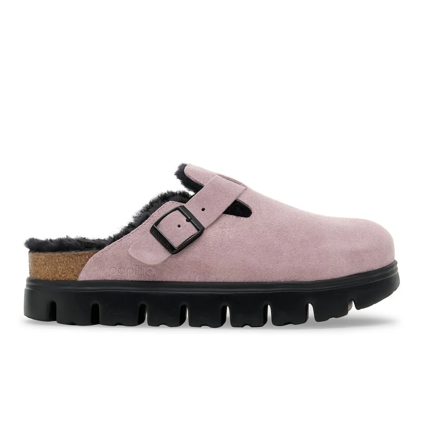 Birkenstock Boston PAP Chunky Shearling Suede Leather Clogs _ faded purple - xiceditorial - xic editorial