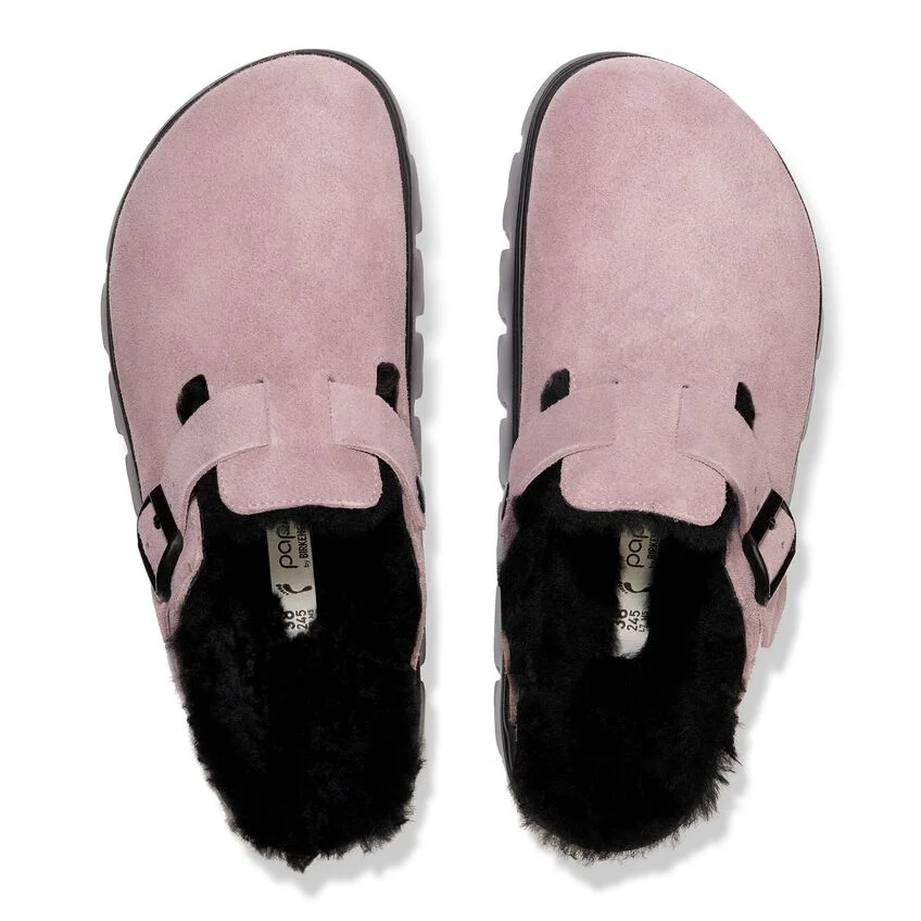 Birkenstock Boston PAP Chunky Shearling Suede Leather Clogs _ faded purple - xiceditorial - xic editorial