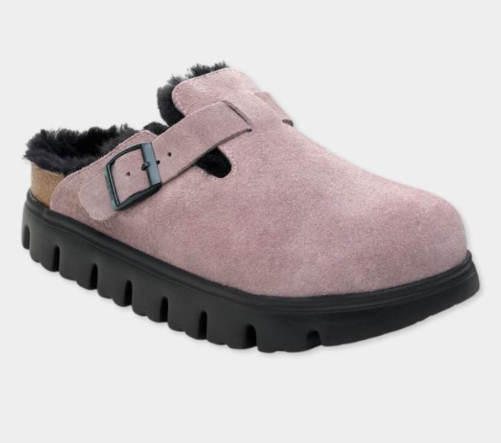 Birkenstock Boston PAP Chunky Shearling Suede Leather Clogs _ faded purple - xiceditorial - xic editorial