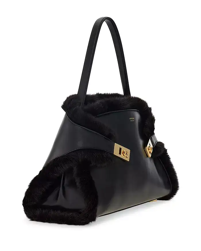 FERRAGAMO Hug Leather & Shearling Shoulder Bag xiceditorial xic editorial
