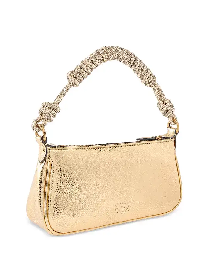 PINKO Mini Half Moon Metallic Leather Handbag with Rhinestones xiceditorial xic editorial