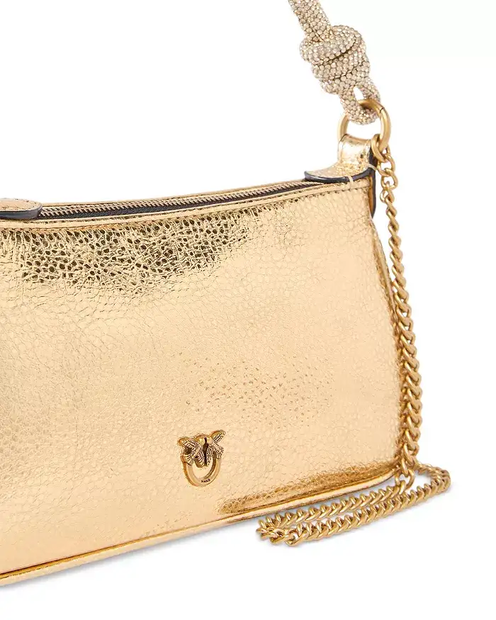 PINKO Mini Half Moon Metallic Leather Handbag with Rhinestones xiceditorial xic editorial