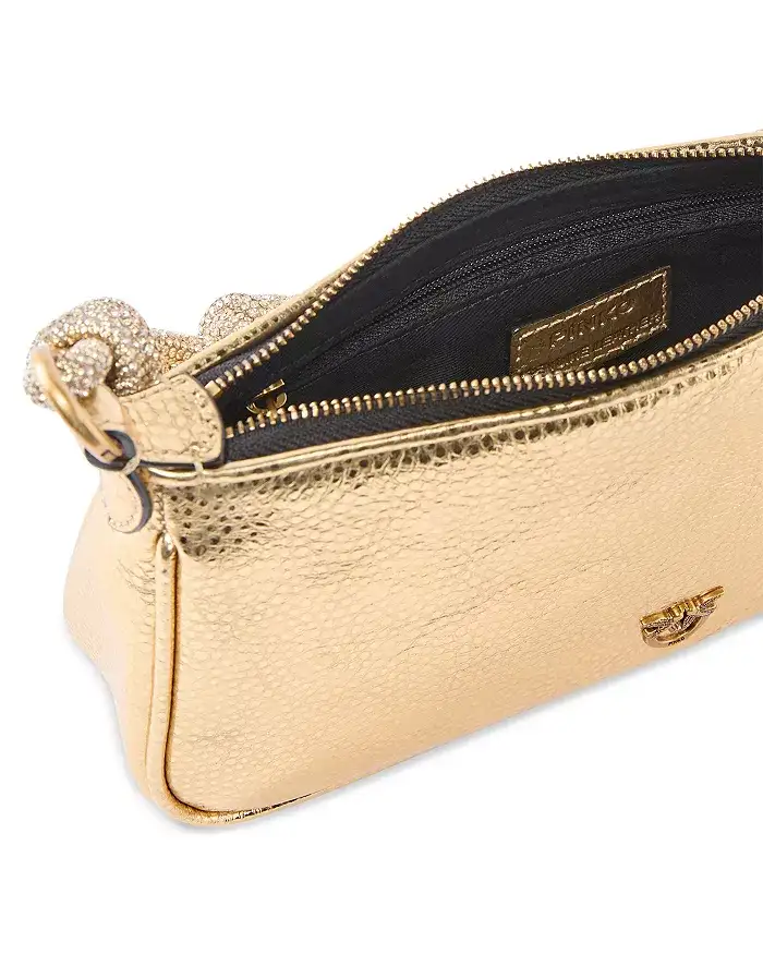 PINKO Mini Half Moon Metallic Leather Handbag with Rhinestones xiceditorial xic editorial