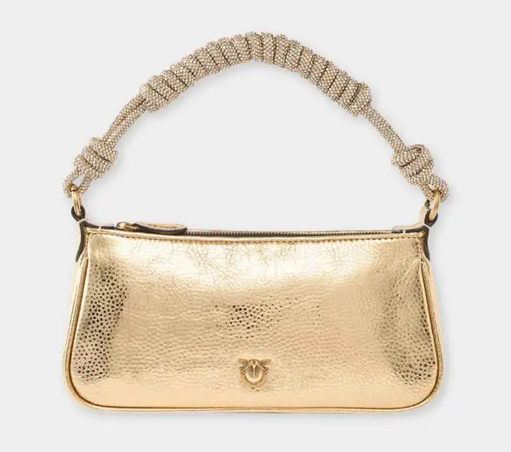 PINKO Mini Half Moon Metallic Leather Handbag with Rhinestones xiceditorial xic editorial
