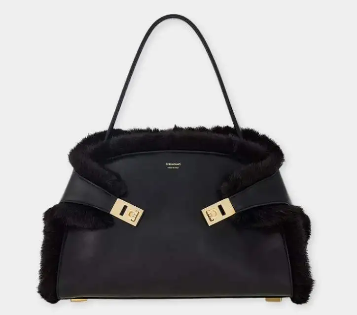 FERRAGAMO Hug Leather & Shearling Shoulder Bag xiceditorial xic editorial