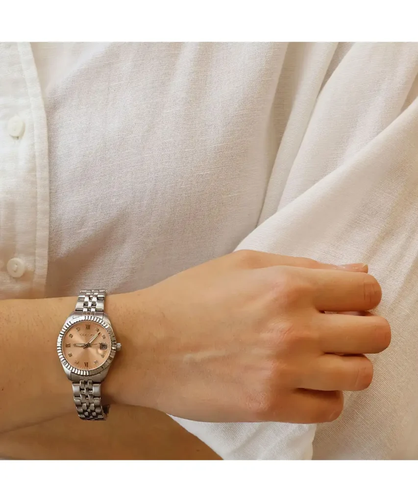 Gregio Mallory Petit Stainless Steel Watch with Pink Mother of Pearl Dial e-oro pappas xiceditorial