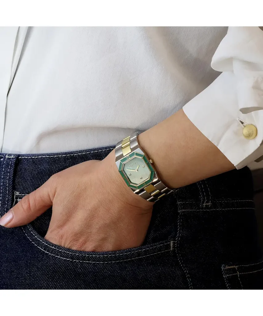 Gregio Isabel Two Tone Stainless Steel Watch with Green Mother of Pearl Dial e-oro pappas xiceditorial