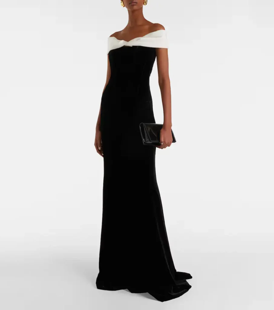 Costarellos Off-Shoulder Velvet Bustier Gown in Black