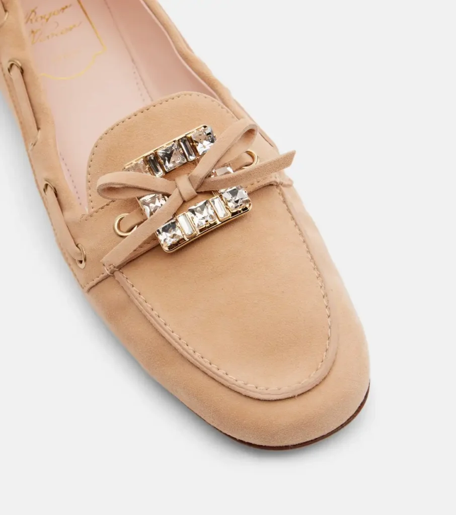 Roger Vivier Boat Strass Embellished Suede Boat Shoes in Beige xiceditorial