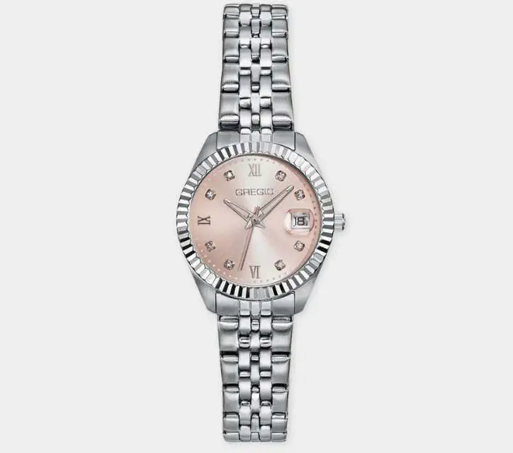 Gregio Mallory Petit Stainless Steel Watch with Pink Mother of Pearl Dial e-oro pappas xiceditorial