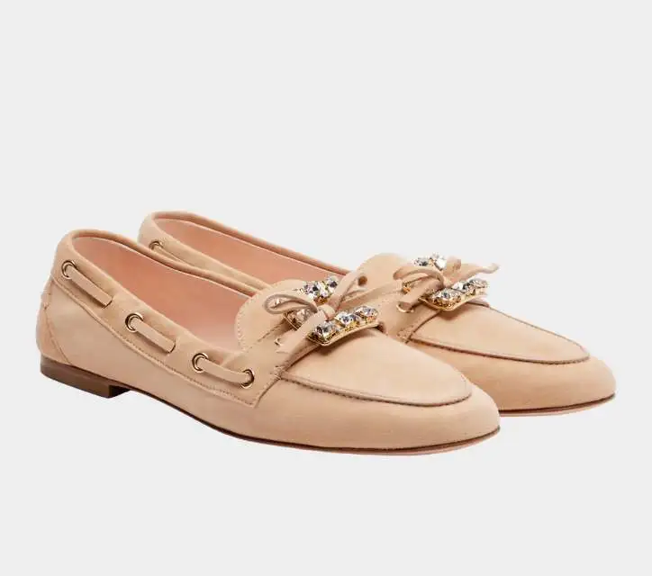 Roger Vivier Boat Strass Embellished Suede Boat Shoes in Beige xiceditorial