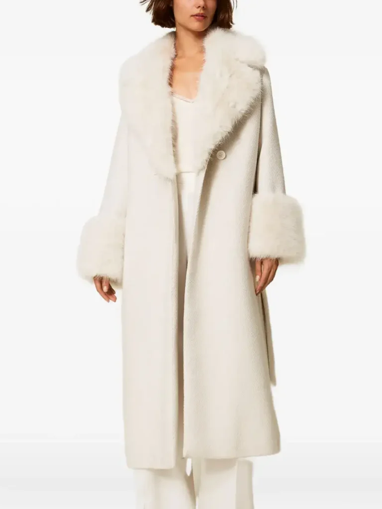 TWINSET Faux-Fur-Trimmed Belted Coat in Off-White xiceditorial