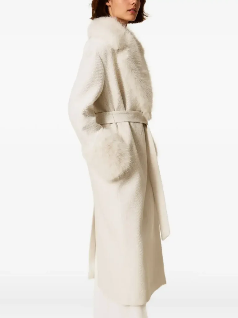 TWINSET Faux-Fur-Trimmed Belted Coat in Off-White xiceditorial