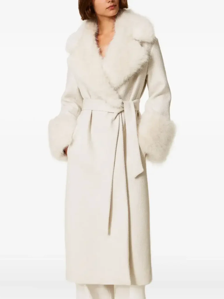 TWINSET Faux-Fur-Trimmed Belted Coat in Off-White xiceditorial