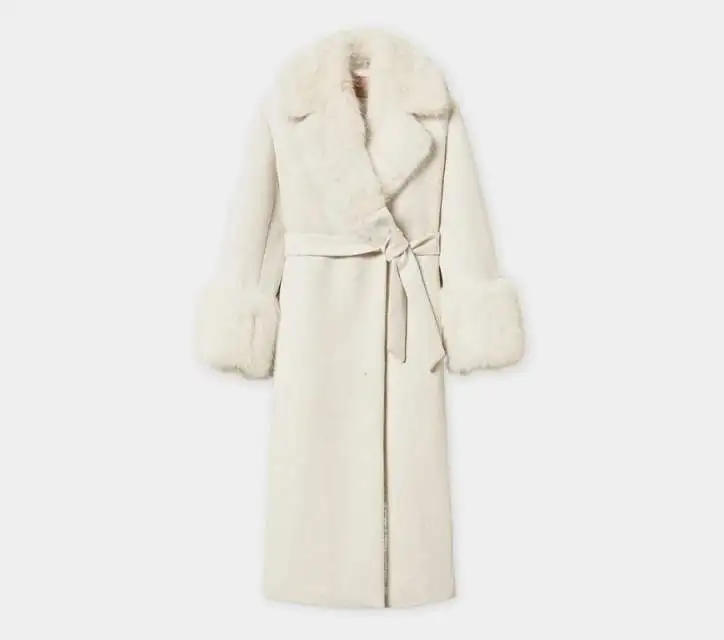 TWINSET Faux-Fur-Trimmed Belted Coat in Off-White xiceditorial